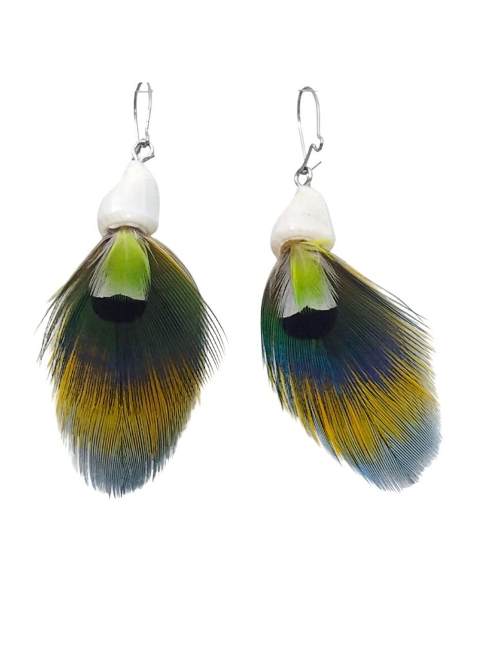 Handmade Real Parrot Feather Sea Shell Dangle Earrings